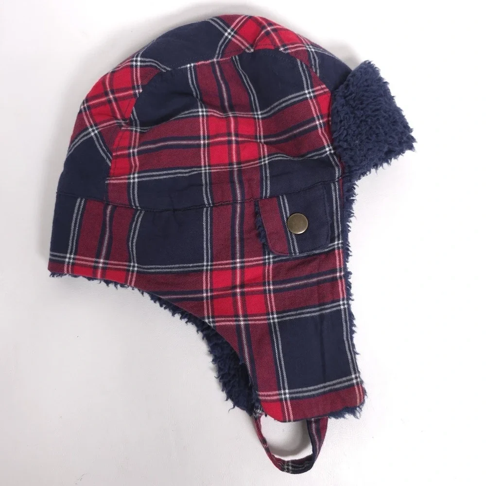 JANIE AND JACK Plaid Trapper Hat‎ Size 6 To 8 KIDS Navy Blue Red Check Cotton